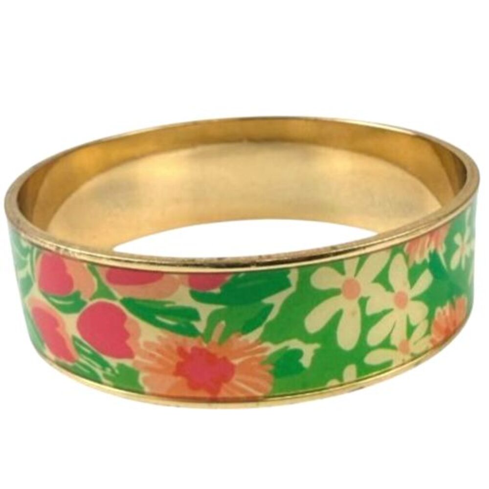 Lilly Pulitzer Everything Nice Green Pink Floral Gold Tone Bangle Bracelet